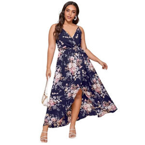 Shein Curve Blue Floral Print Flowy Frill Wrap Cross Front Cami Dress 2XL